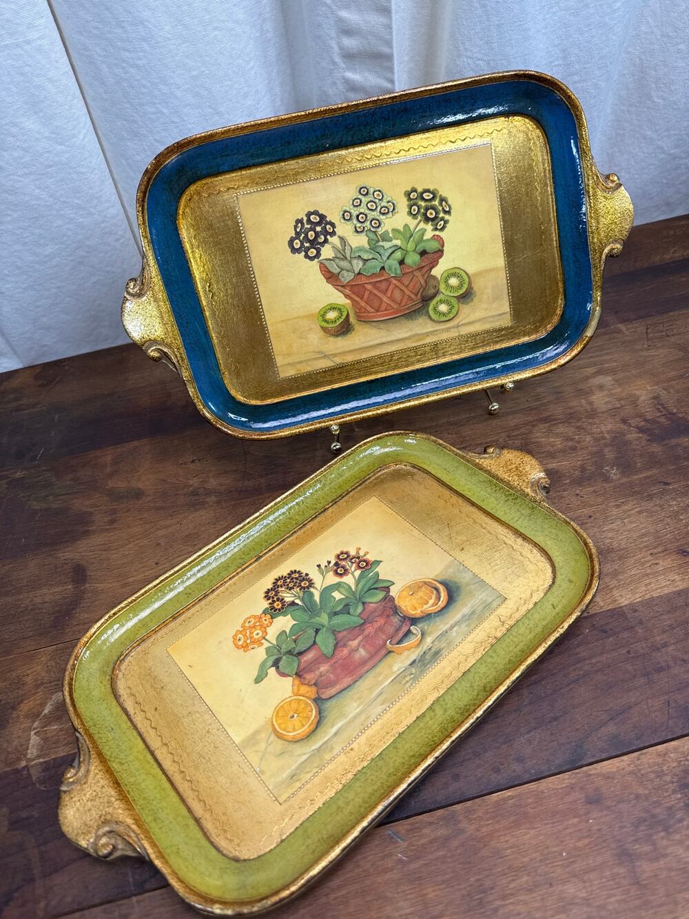 Vietri Italian Florentine Gilded Wood Ornate Serving Trays - Set of Two 14 x 8"